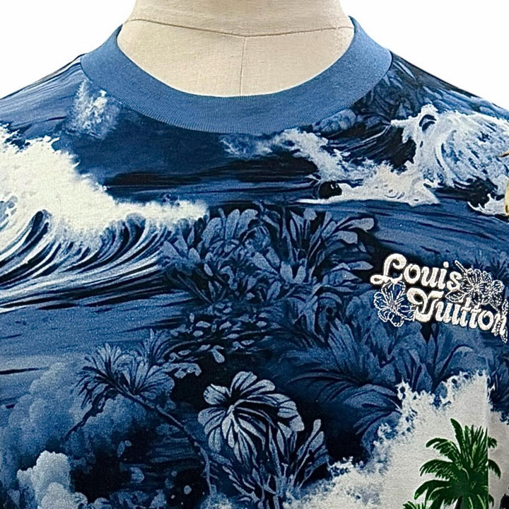 極美品▼LOUIS VUITTON ルイヴィトン 24AW サーフプリント ロゴ刺繍 クルーネック ショートスリーブ 半袖Ｔシャツ ブルー S 正規品 伊製
