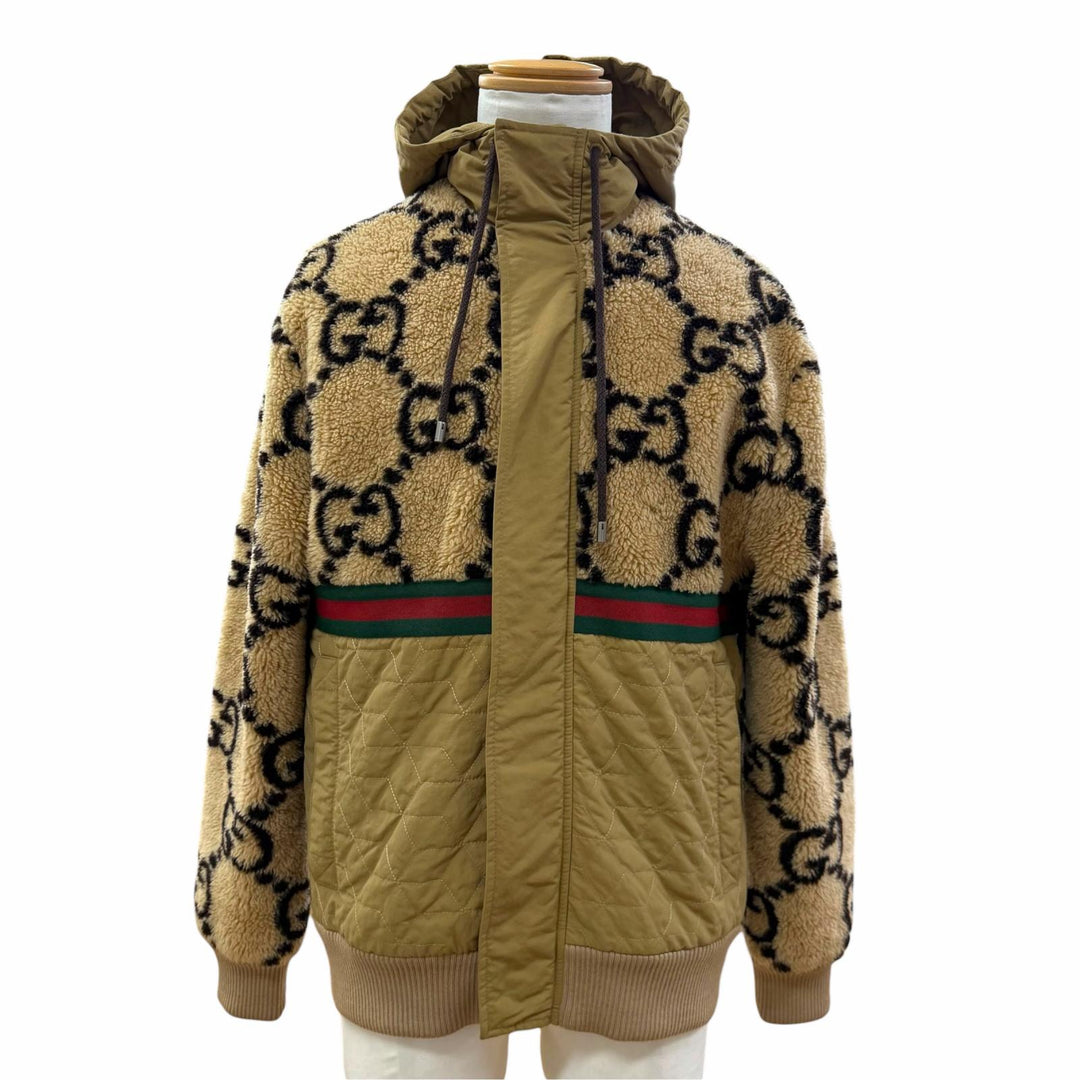 美品▼GUCCI グッチ 706419 マキシGG ウェブストライプ ボア切替 フーデッド ZIPUP 中綿 ブルゾン ジャケット ブラウン系 XS 伊製 正規品