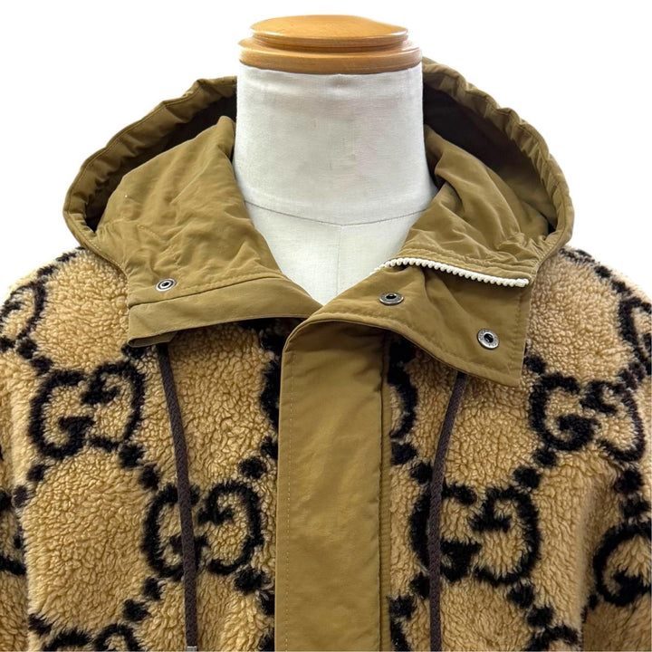 美品▼GUCCI グッチ 706419 マキシGG ウェブストライプ ボア切替 フーデッド ZIPUP 中綿 ブルゾン ジャケット ブラウン系 XS 伊製 正規品