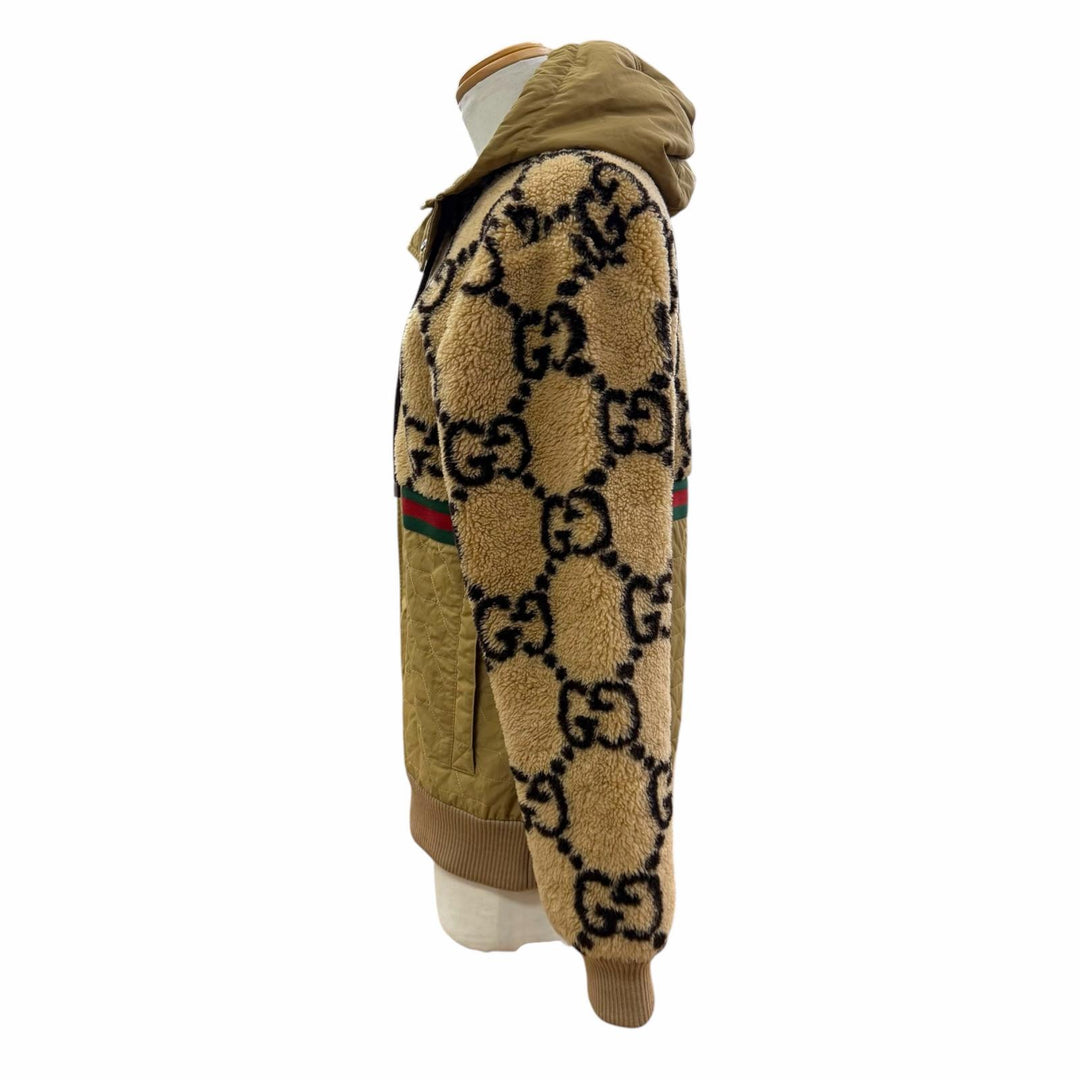 美品▼GUCCI グッチ 706419 マキシGG ウェブストライプ ボア切替 フーデッド ZIPUP 中綿 ブルゾン ジャケット ブラウン系 XS 伊製 正規品