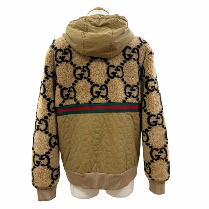美品▼GUCCI グッチ 706419 マキシGG ウェブストライプ ボア切替 フーデッド ZIPUP 中綿 ブルゾン ジャケット ブラウン系 XS 伊製 正規品