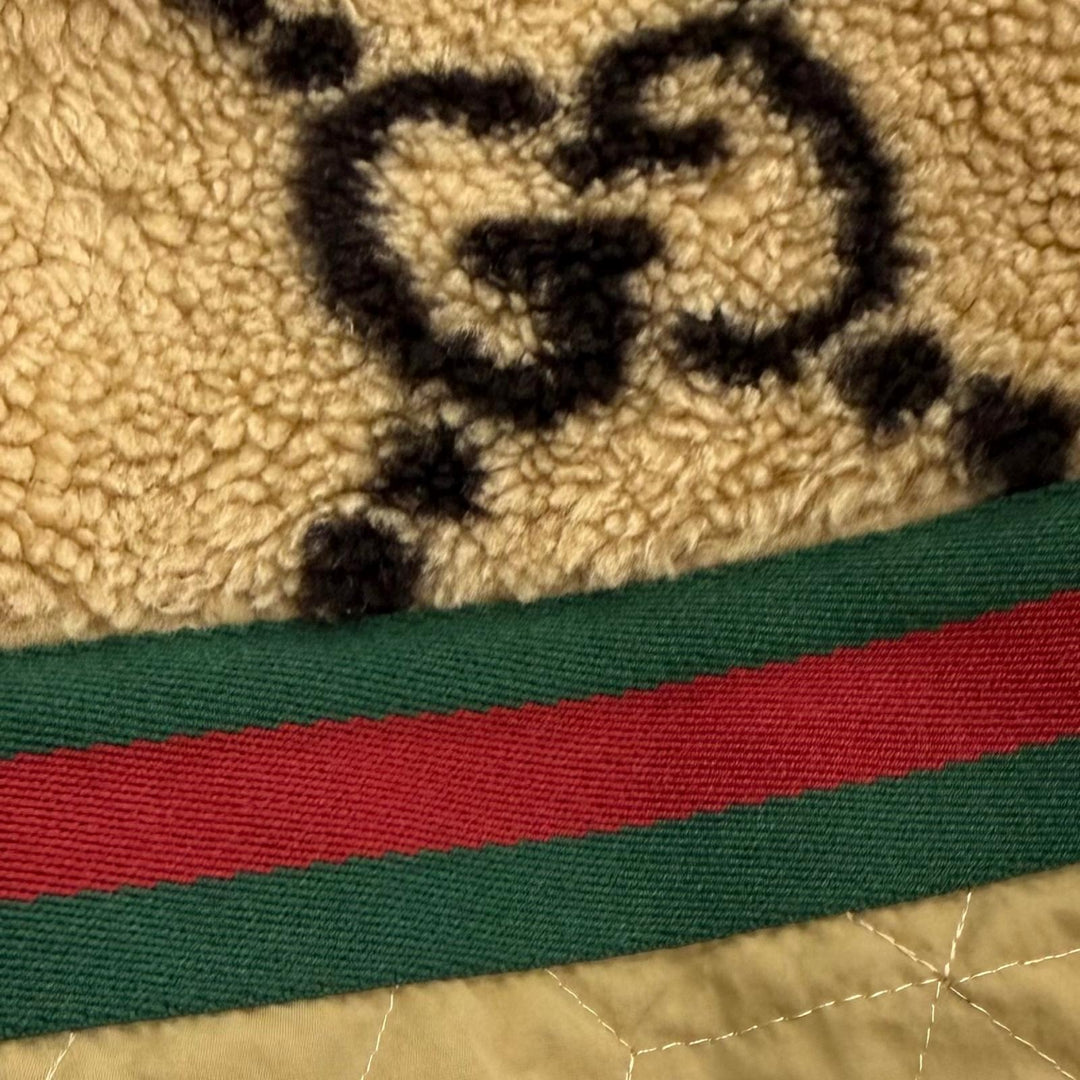 美品▼GUCCI グッチ 706419 マキシGG ウェブストライプ ボア切替 フーデッド ZIPUP 中綿 ブルゾン ジャケット ブラウン系 XS 伊製 正規品