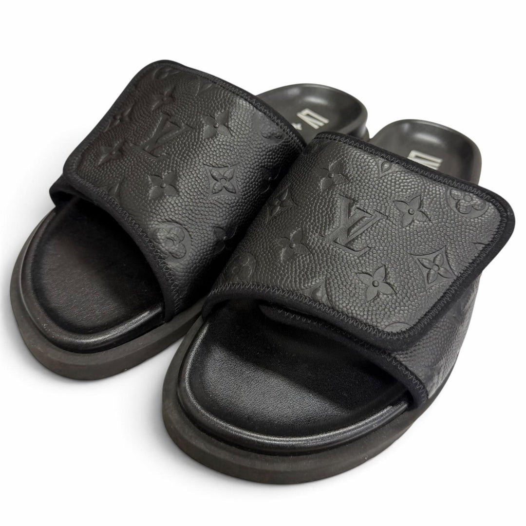 美品□LOUIS VUITTON NBA ルイヴィトン NBA 2021年製 レザー モノグラム スライドサンダル ブラック 7 イタリア製 メンズ 箱・保存袋付き