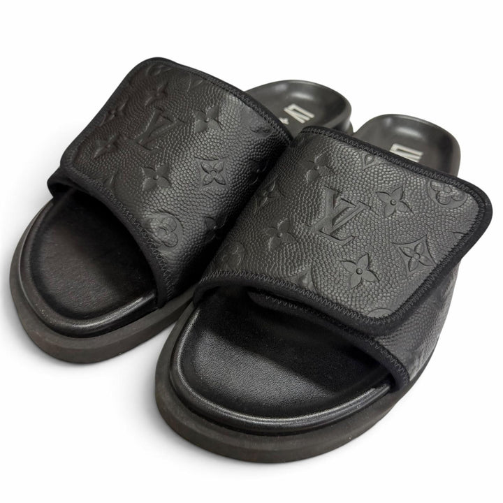 美品□LOUIS VUITTON NBA ルイヴィトン NBA 2021年製 レザー モノグラム スライドサンダル ブラック 7 イタリア製 メンズ 箱・保存袋付き