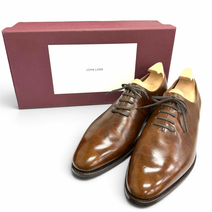 極美品□John Lobb ジョンロブ Marldon レザー プレーントゥ ホールカット ドレスシューズ ブラウン 6.5 イングランド製 メンズ 箱付き
