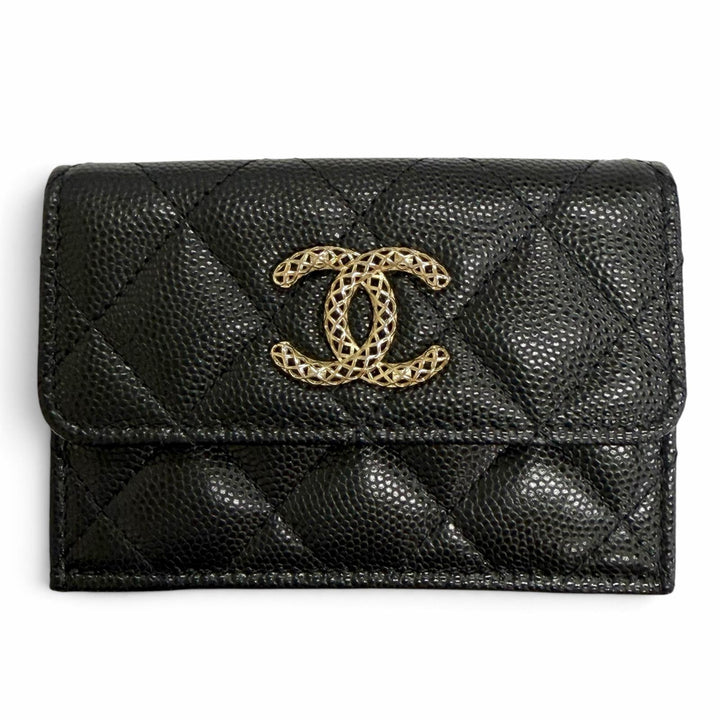 極美品△CHANEL シャネル AP4319 キャビアスキン ココマーク マトラッセ クラシック スモール フラップウォレット 三つ折り財布 ブラック