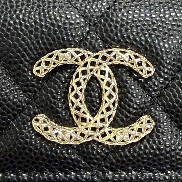 極美品△CHANEL シャネル AP4319 キャビアスキン ココマーク マトラッセ クラシック スモール フラップウォレット 三つ折り財布 ブラック