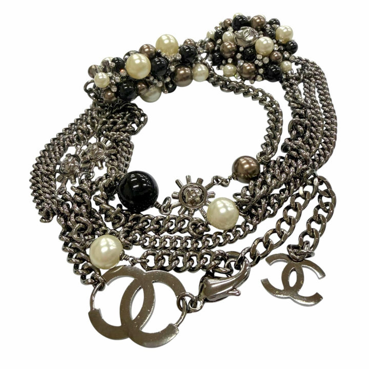 美品▼CHANEL シャネル ヴィンテージ 04A GP ラインストーン ココマーク チェーン ベルトガンメタリック ブラック シルバー レディース