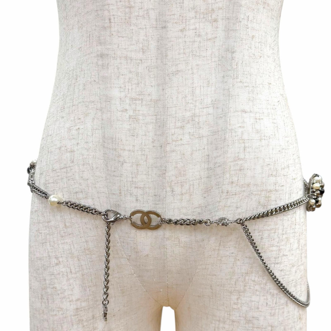 美品▼CHANEL シャネル ヴィンテージ 04A GP ラインストーン ココマーク チェーン ベルトガンメタリック ブラック シルバー レディース