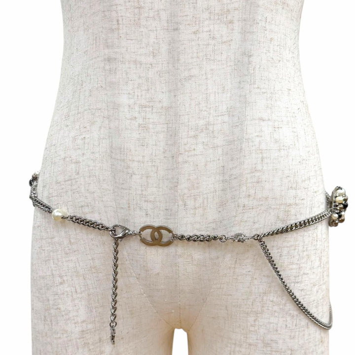 美品▼CHANEL シャネル ヴィンテージ 04A GP ラインストーン ココマーク チェーン ベルトガンメタリック ブラック シルバー レディース
