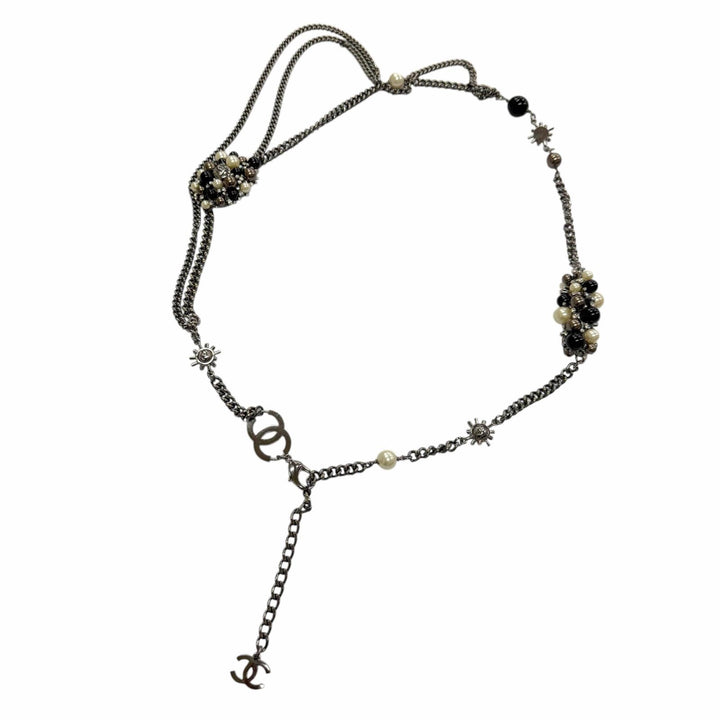 美品▼CHANEL シャネル ヴィンテージ 04A GP ラインストーン ココマーク チェーン ベルトガンメタリック ブラック シルバー レディース