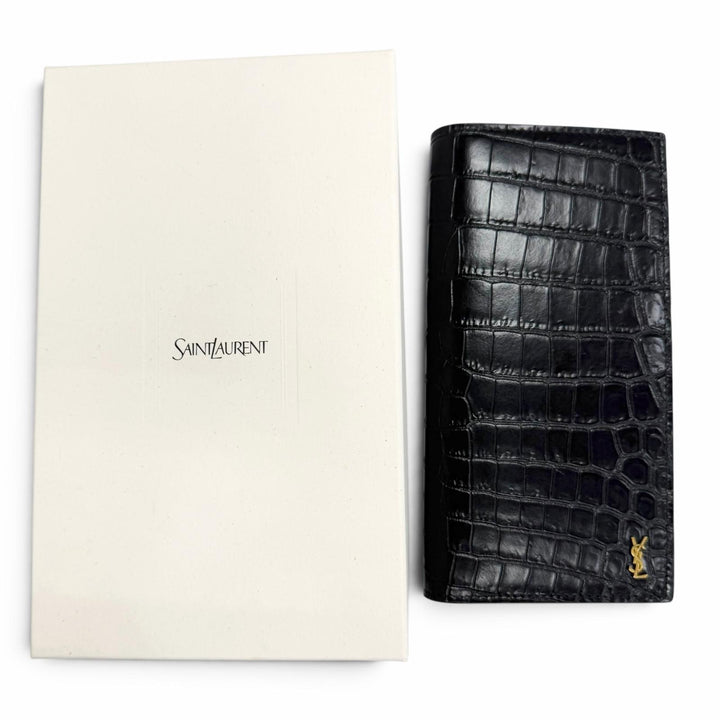 未使用品□SAINT LAURENT PARIS サンローランパリ 864305 レザー クロコダイル型押し 長財布 ブラック ゴールド金具 イタリア製 メンズ