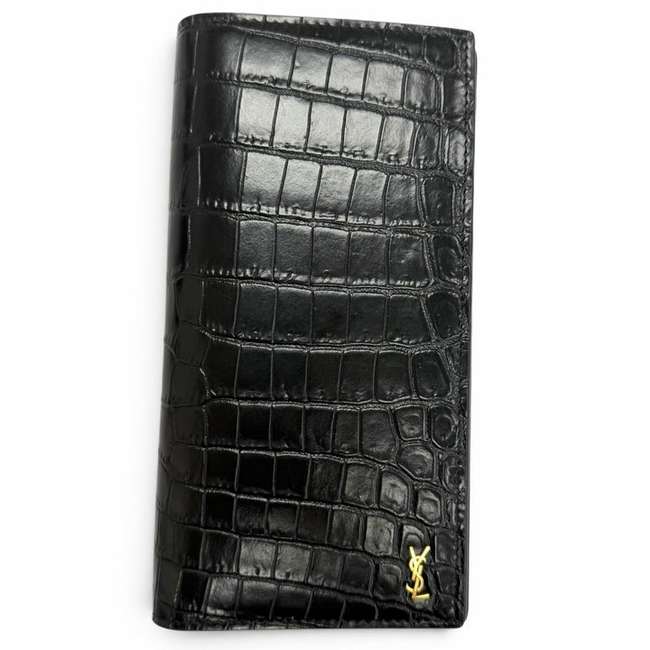 未使用品□SAINT LAURENT PARIS サンローランパリ 864305 レザー クロコダイル型押し 長財布 ブラック ゴールド金具 イタリア製 メンズ