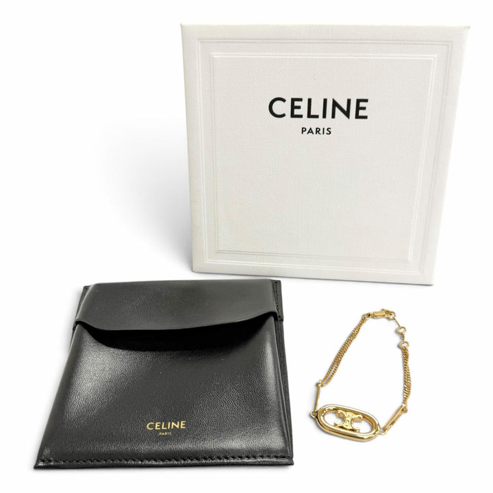 極美品△CELINE セリーヌ 46S906BRA.35OR マイヨン トリオンフ 2連チェーン ブレスレット アクセサリー ゴールド レディース 箱・袋付き