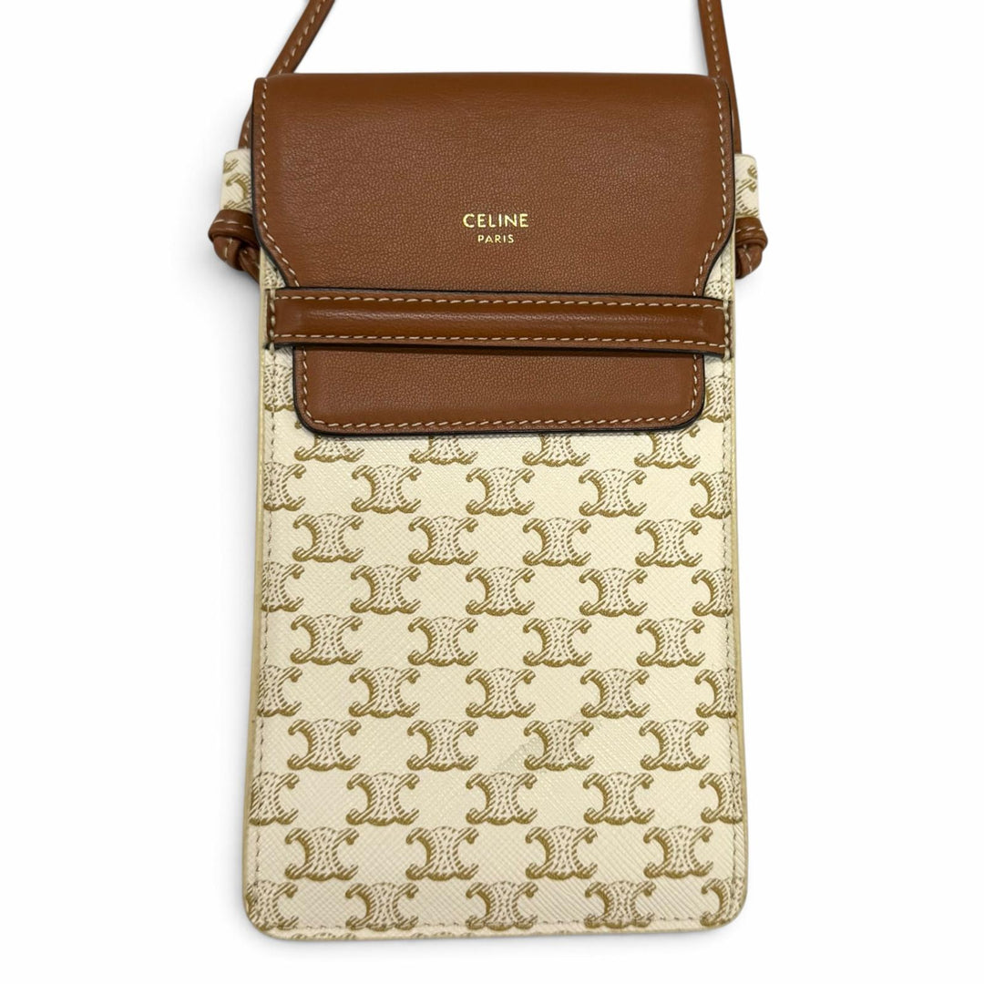 美品★CELINE セリーヌ 10G332 ホワイト/タン トリオンフ レザー フォンポーチ モバイルポーチ 携帯ケース イタリア製 保存袋付き
