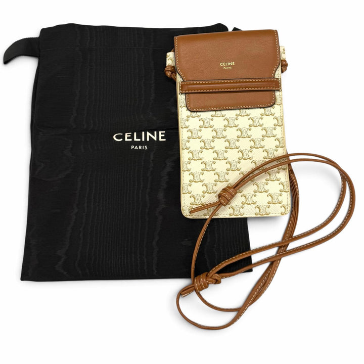 美品★CELINE セリーヌ 10G332 ホワイト/タン トリオンフ レザー フォンポーチ モバイルポーチ 携帯ケース イタリア製 保存袋付き