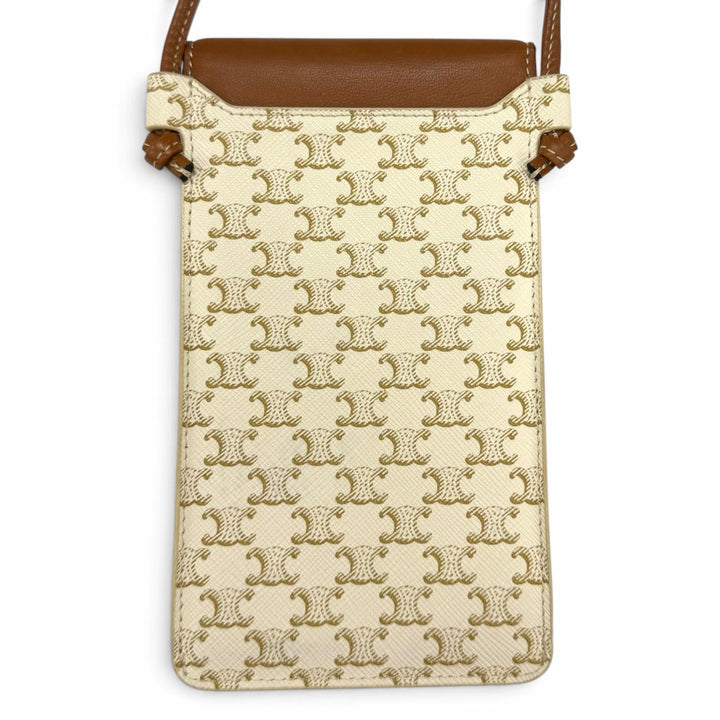 美品★CELINE セリーヌ 10G332 ホワイト/タン トリオンフ レザー フォンポーチ モバイルポーチ 携帯ケース イタリア製 保存袋付き