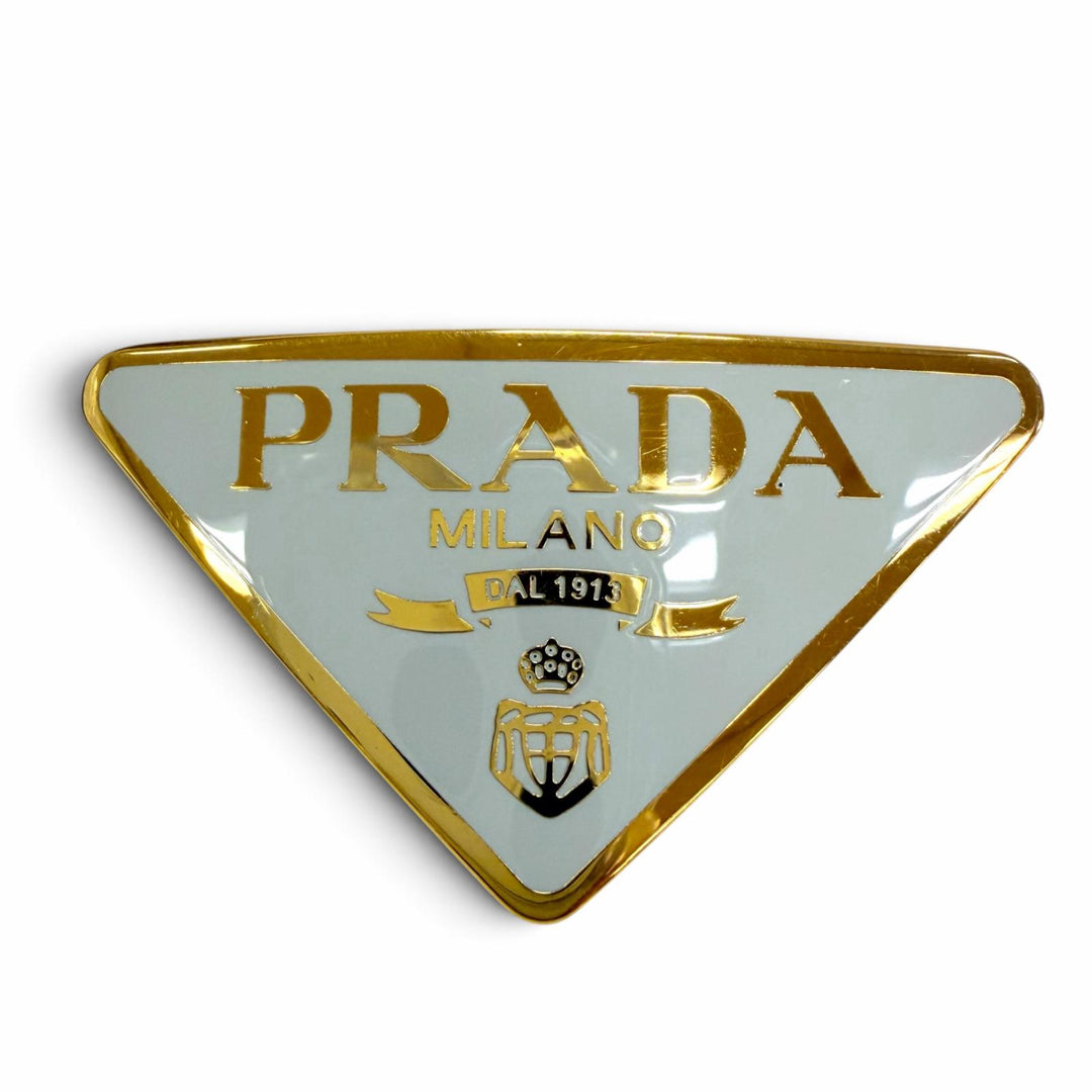 極美品☆PRADA プラダ 1IF050 メタル トライアングルロゴプレート ヘアアクセサリー バレッタ ゴールド ライトグレー 伊製 箱・保存袋付