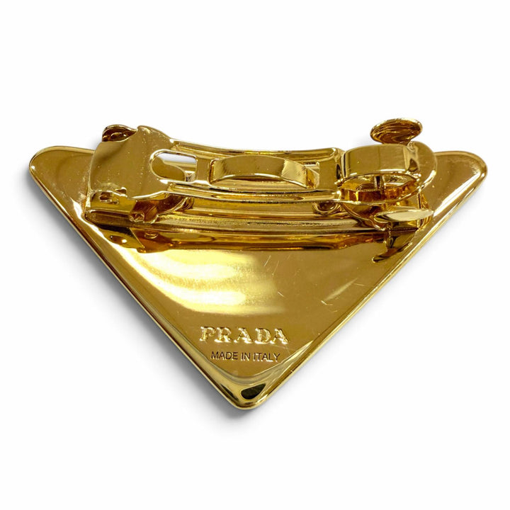 極美品☆PRADA プラダ 1IF050 メタル トライアングルロゴプレート ヘアアクセサリー バレッタ ゴールド ライトグレー 伊製 箱・保存袋付