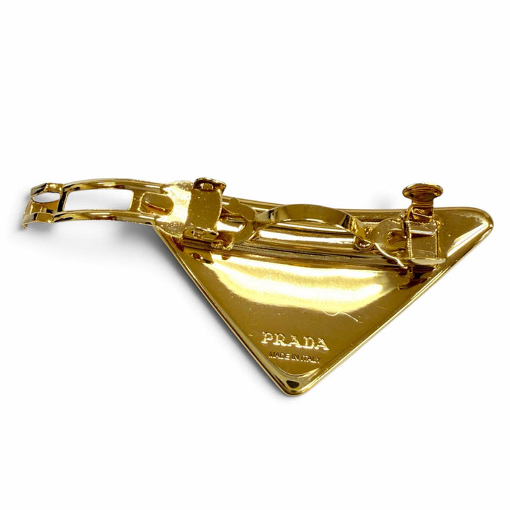 極美品☆PRADA プラダ 1IF050 メタル トライアングルロゴプレート ヘアアクセサリー バレッタ ゴールド ライトグレー 伊製 箱・保存袋付