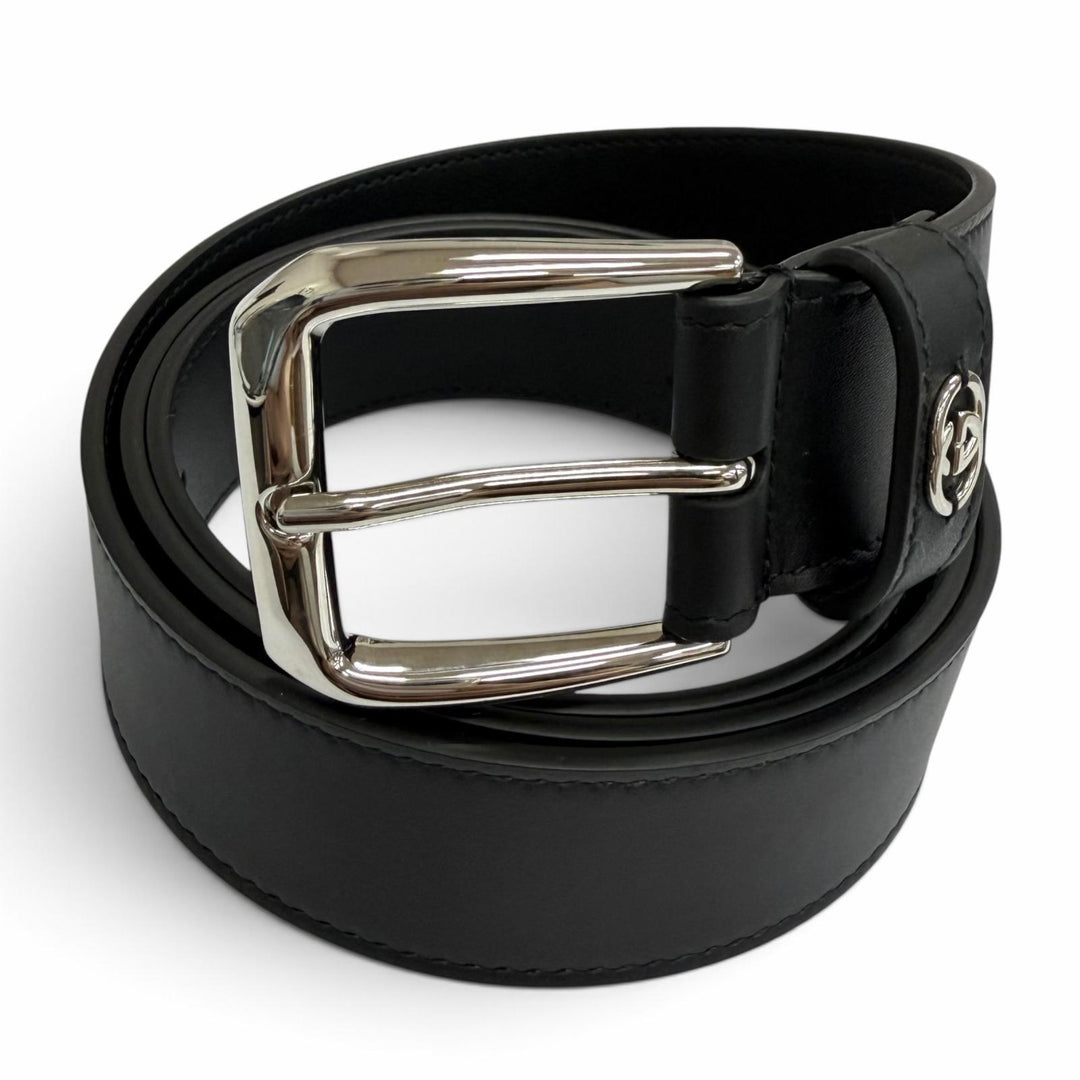 未使用品□GUCCI グッチ 673921 インターロッキングG ディテール付き レザーベルト ブラック シルバー金具 105 イタリア製 メンズ