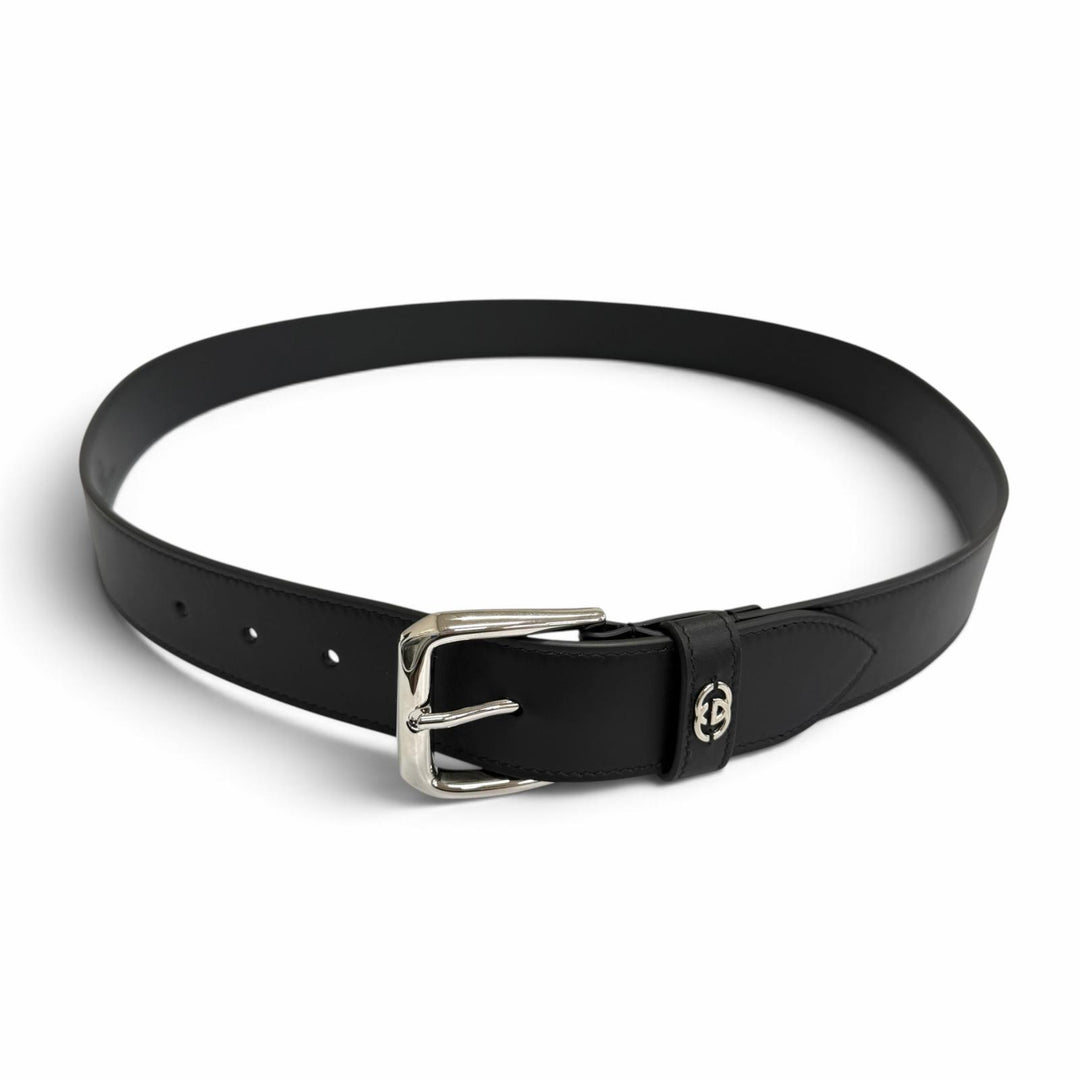 未使用品□GUCCI グッチ 673921 インターロッキングG ディテール付き レザーベルト ブラック シルバー金具 105 イタリア製 メンズ