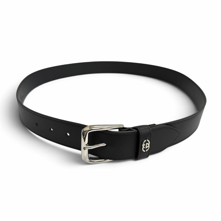 未使用品□GUCCI グッチ 673921 インターロッキングG ディテール付き レザーベルト ブラック シルバー金具 105 イタリア製 メンズ