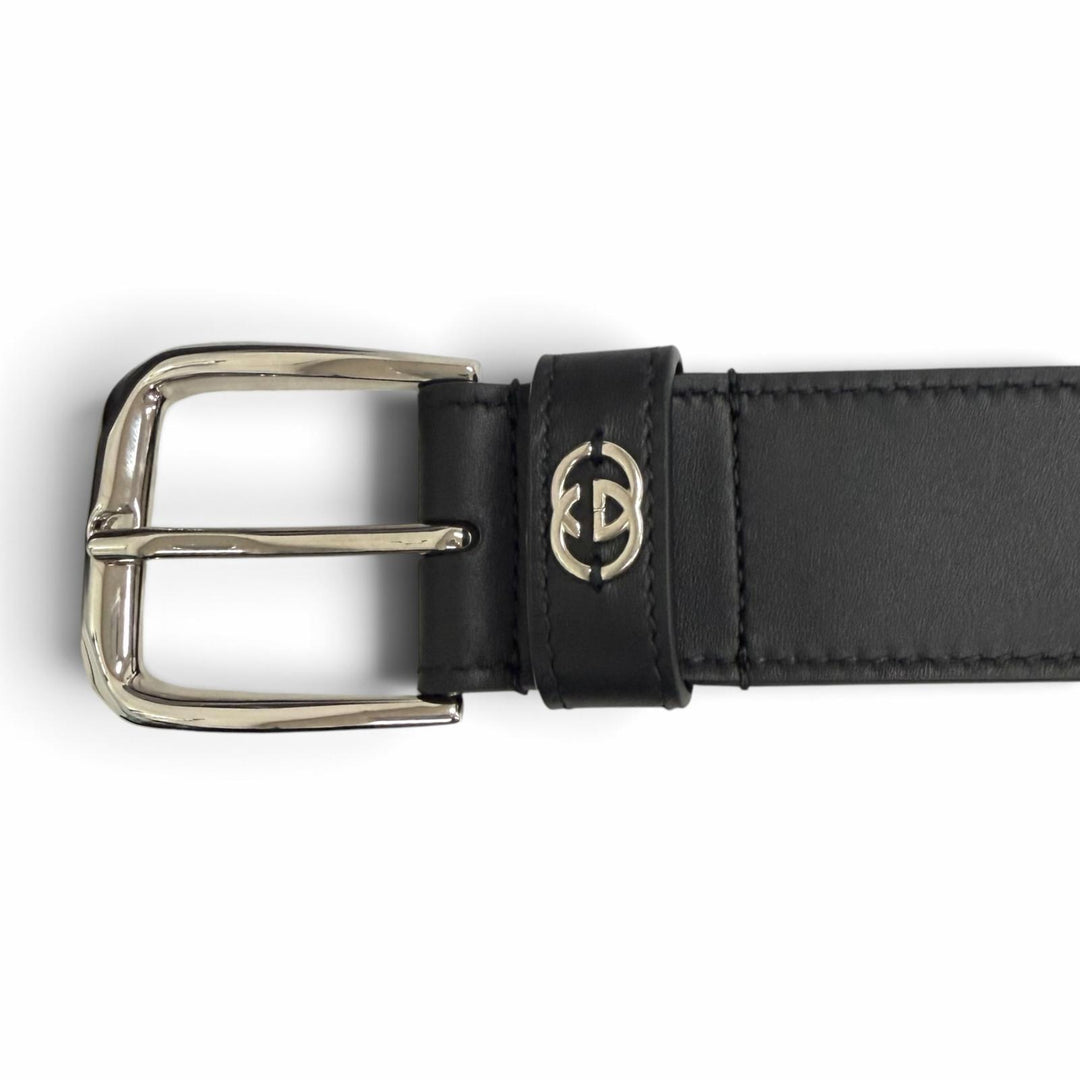 未使用品□GUCCI グッチ 673921 インターロッキングG ディテール付き レザーベルト ブラック シルバー金具 105 イタリア製 メンズ