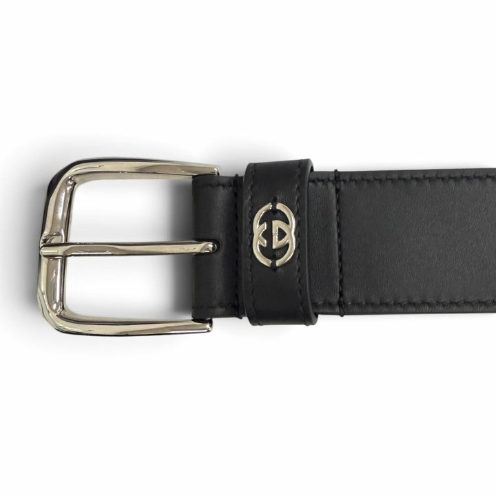 未使用品□GUCCI グッチ 673921 インターロッキングG ディテール付き レザーベルト ブラック シルバー金具 105 イタリア製 メンズ