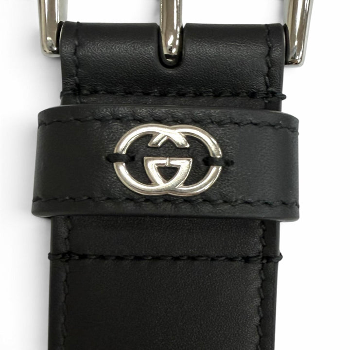 未使用品□GUCCI グッチ 673921 インターロッキングG ディテール付き レザーベルト ブラック シルバー金具 105 イタリア製 メンズ