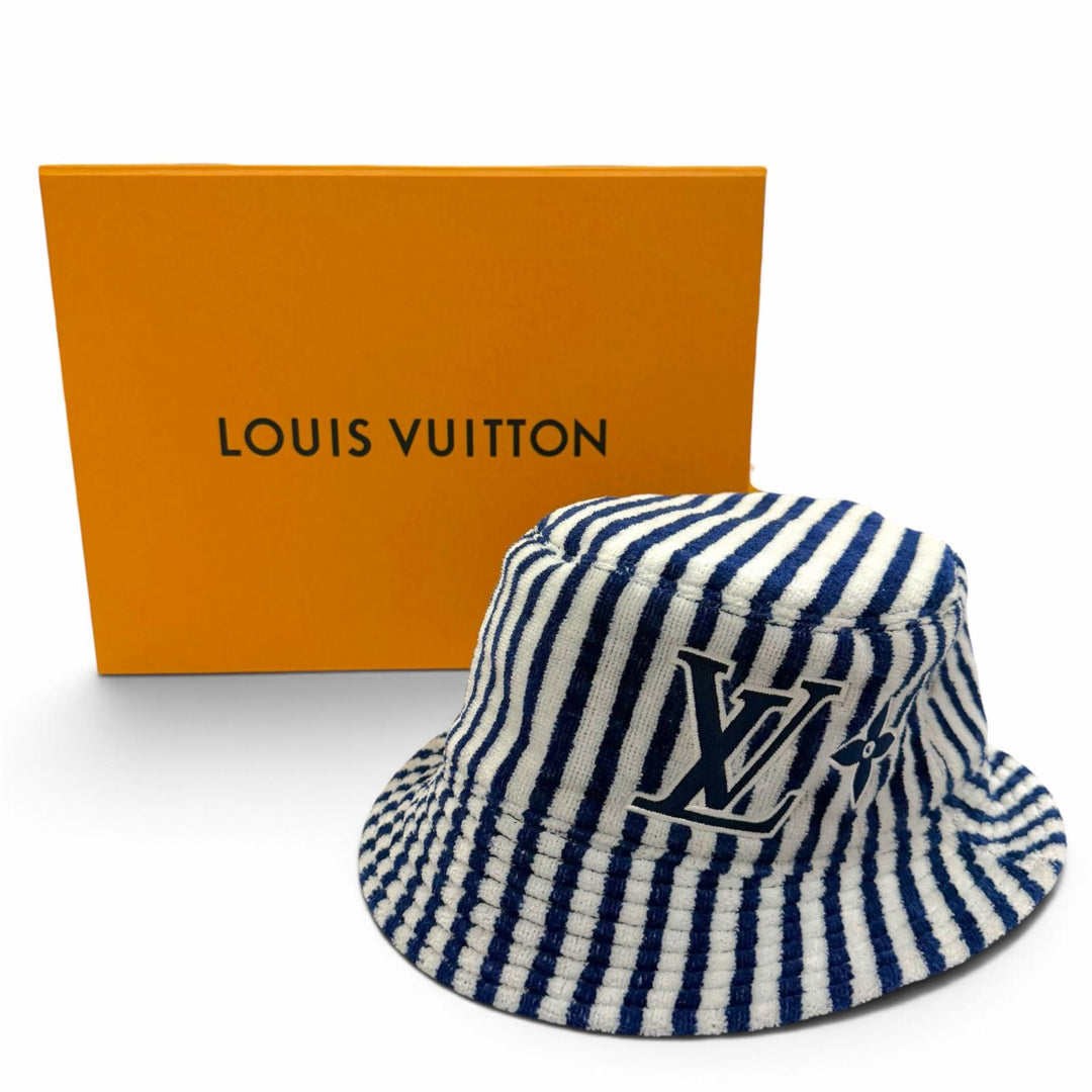 美品▼LOUIS VUITTON ルイヴィトン M77623 シャプカ LVグラフィカルストライプ ロゴ刺繍 リバーシブル パイル地 バケットハット L 正規品