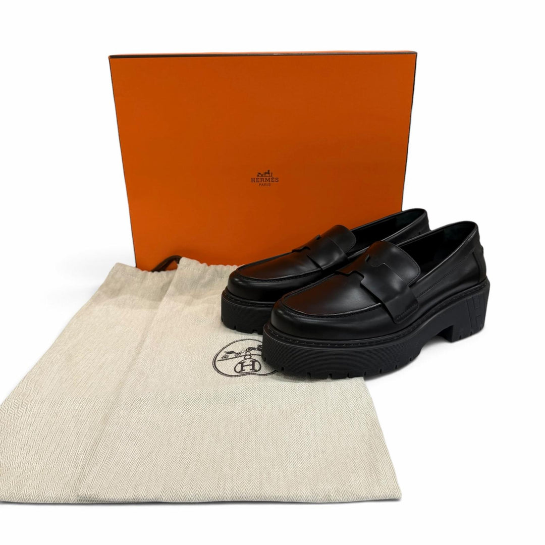極美品☆HERMES エルメス 2023年製 BR232059Z Hitch ヒッチ Hロゴ 厚底 レザー ローファー ブラック 37 イタリア製 箱・保存袋付