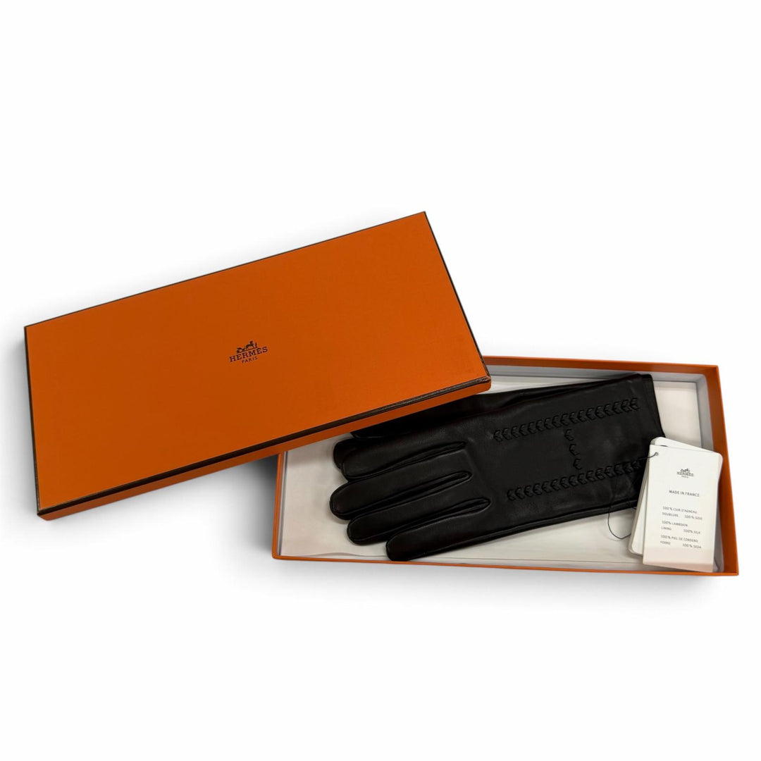 未使用品☆HERMES エルメス ラムスキン 裏地シルク100％ Hデザイン レザーグローブ 手袋 ブラック 7 フランス製 レディース 箱付き