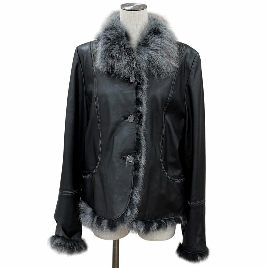 極美品★BALMAIN バルマン FOXファー使い ラムレザー ジャケット アウター ブラック グレー 13 正規品 レディース