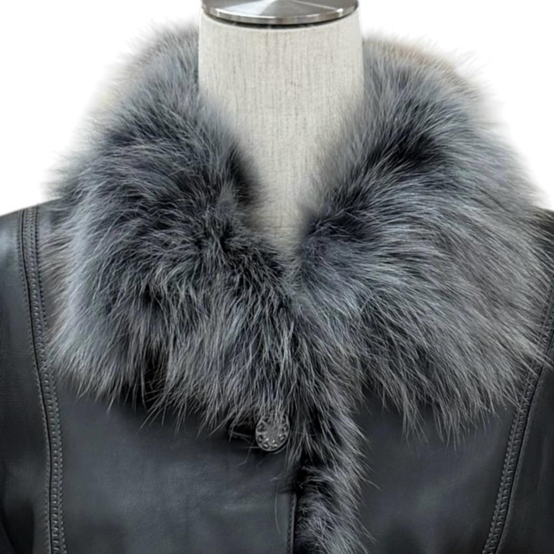 極美品★BALMAIN バルマン FOXファー使い ラムレザー ジャケット アウター ブラック グレー 13 正規品 レディース