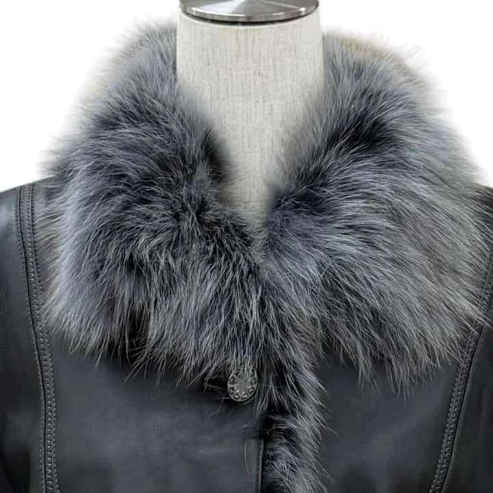 極美品★BALMAIN バルマン FOXファー使い ラムレザー ジャケット アウター ブラック グレー 13 正規品 レディース