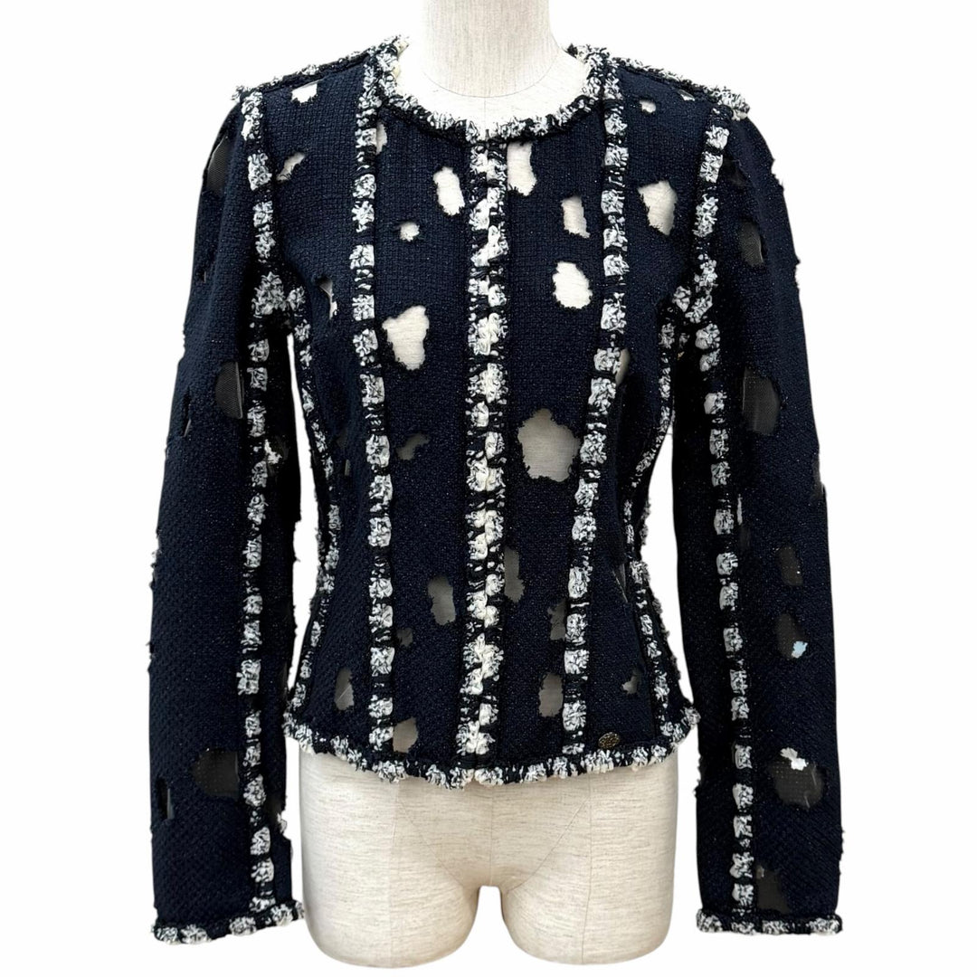 美品★CHANEL シャネル P41085 メッシュ使い ラメ ツイード ZIP UP ノーカラージャケット ネイビー 36 フランス製 レディース