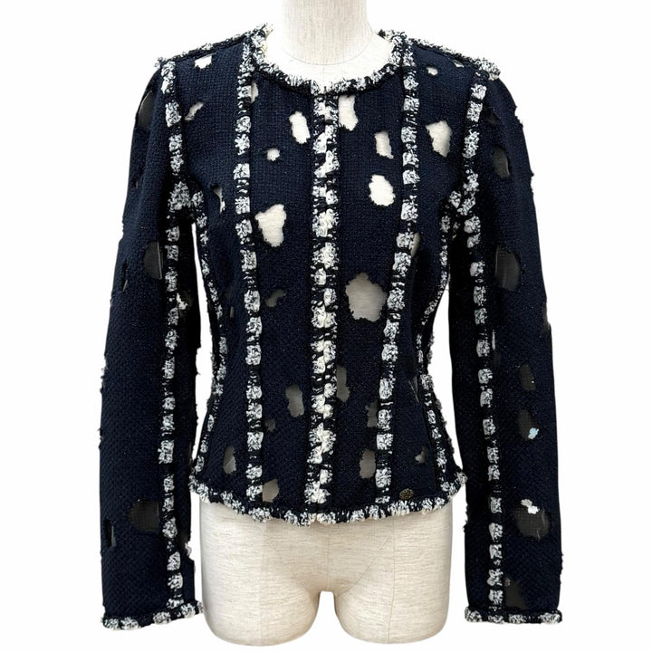 美品★CHANEL シャネル P41085 メッシュ使い ラメ ツイード ZIP UP ノーカラージャケット ネイビー 36 フランス製 レディース