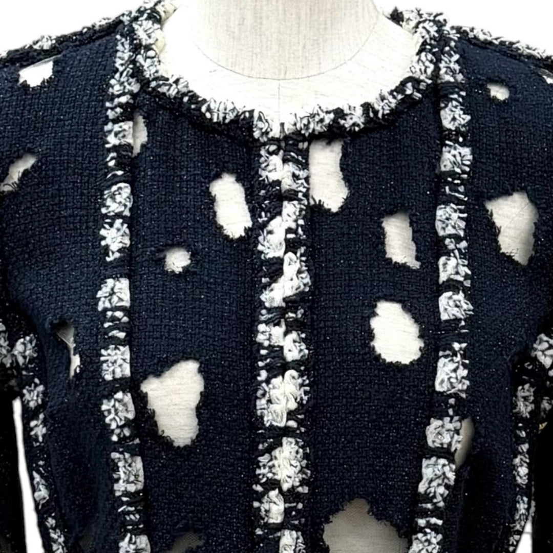 美品★CHANEL シャネル P41085 メッシュ使い ラメ ツイード ZIP UP ノーカラージャケット ネイビー 36 フランス製 レディース