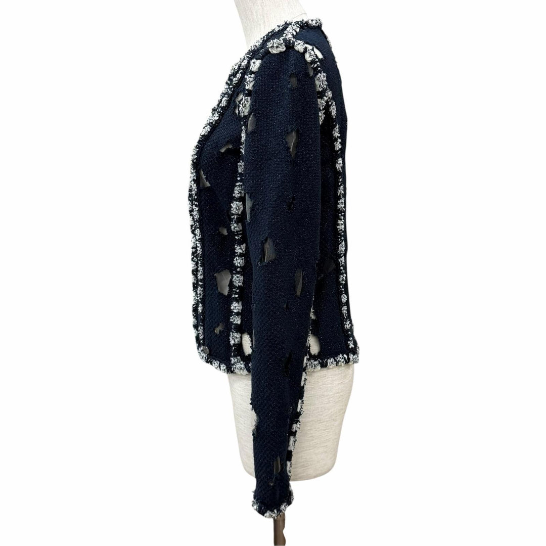 美品★CHANEL シャネル P41085 メッシュ使い ラメ ツイード ZIP UP ノーカラージャケット ネイビー 36 フランス製 レディース