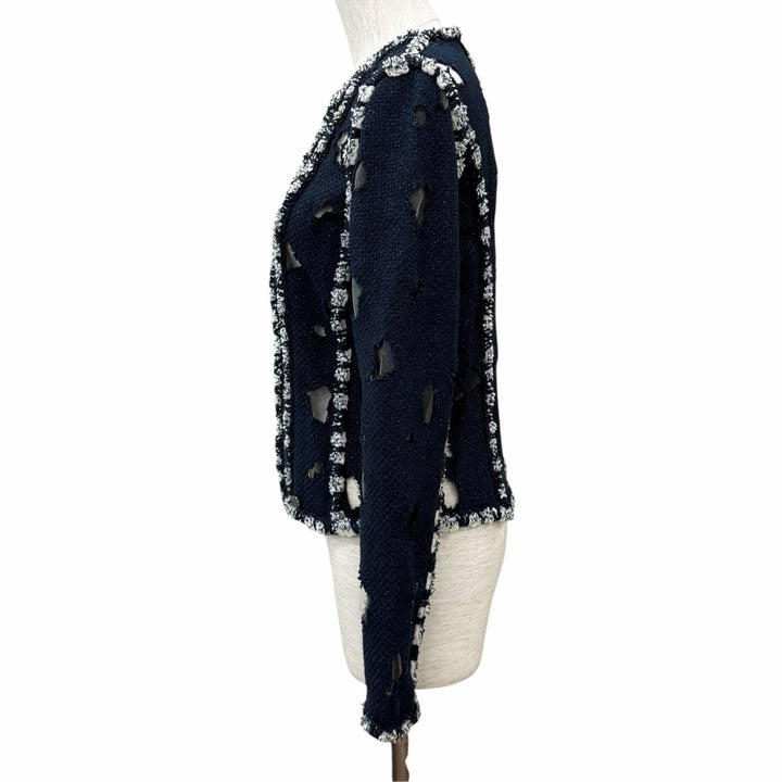 美品★CHANEL シャネル P41085 メッシュ使い ラメ ツイード ZIP UP ノーカラージャケット ネイビー 36 フランス製 レディース