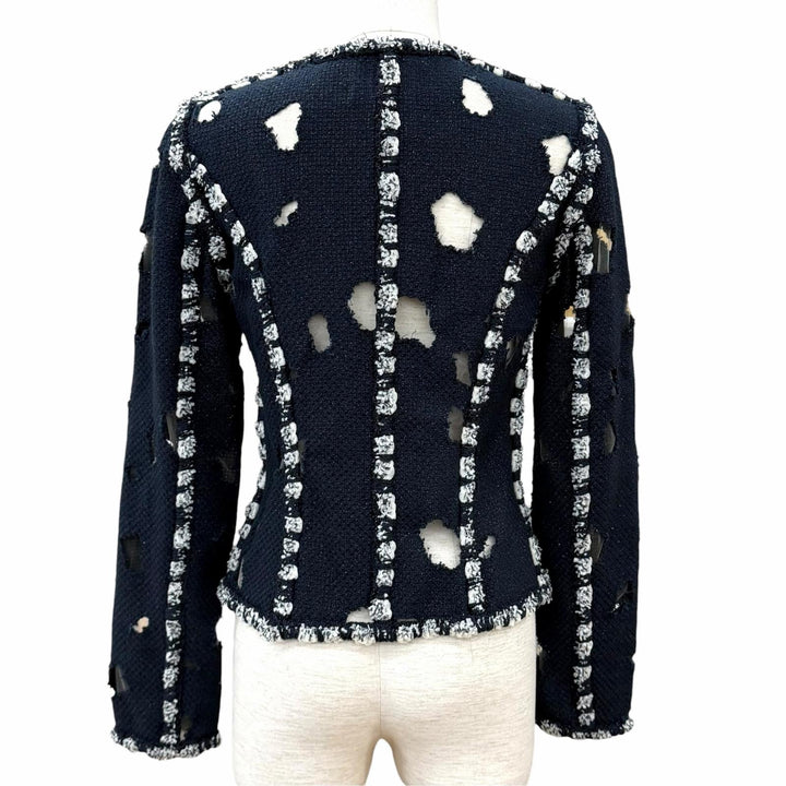 美品★CHANEL シャネル P41085 メッシュ使い ラメ ツイード ZIP UP ノーカラージャケット ネイビー 36 フランス製 レディース