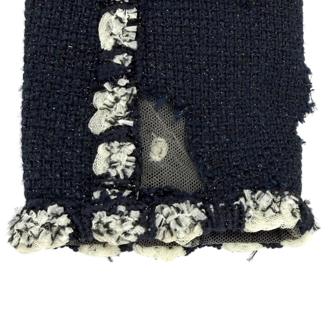 美品★CHANEL シャネル P41085 メッシュ使い ラメ ツイード ZIP UP ノーカラージャケット ネイビー 36 フランス製 レディース