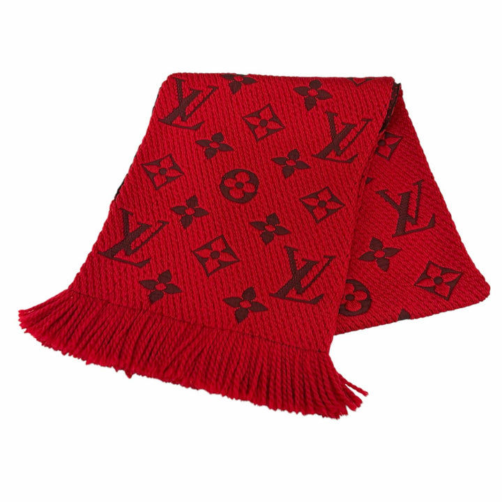 美品★LOUIS VUITTON ルイヴィトン M72432 エシャルプ・ロゴマニア ウール シルク混 ルビー フリンジ マフラー イタリア製 正規品