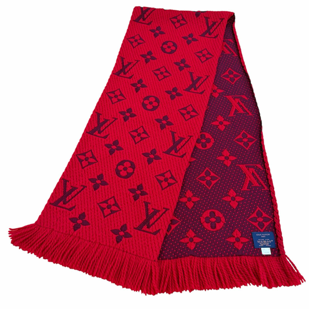 美品★LOUIS VUITTON ルイヴィトン M72432 エシャルプ・ロゴマニア ウール シルク混 ルビー フリンジ マフラー イタリア製 正規品