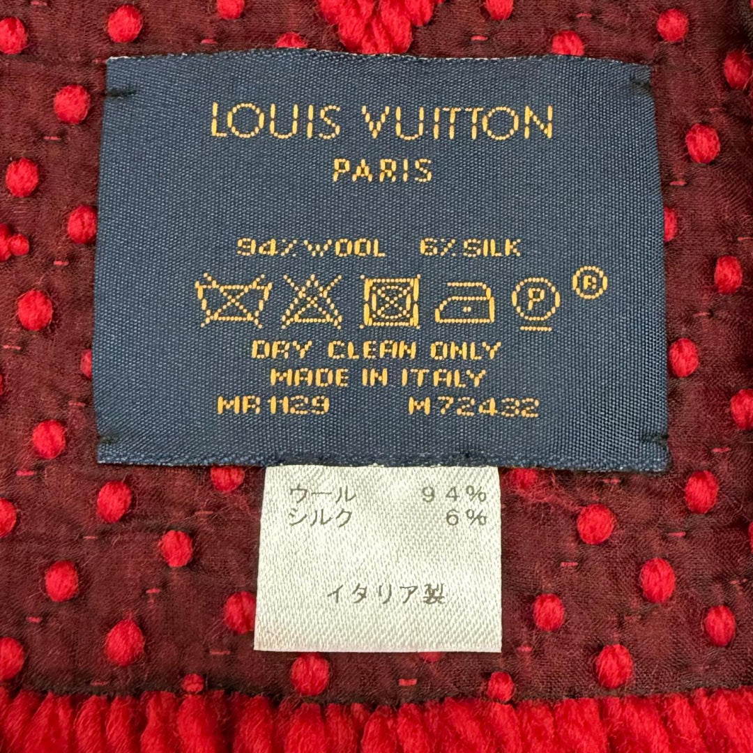 美品★LOUIS VUITTON ルイヴィトン M72432 エシャルプ・ロゴマニア ウール シルク混 ルビー フリンジ マフラー イタリア製 正規品