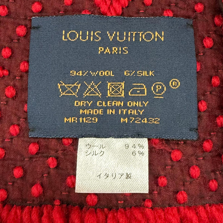 美品★LOUIS VUITTON ルイヴィトン M72432 エシャルプ・ロゴマニア ウール シルク混 ルビー フリンジ マフラー イタリア製 正規品