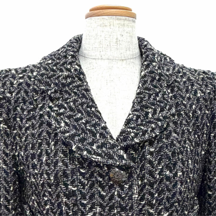 美品△CHANEL シャネル ヴィンテージ 97A P09701 ウール ココボタン ミックスツイード スカートスーツ セットアップ 黒計 FR 38 正規品