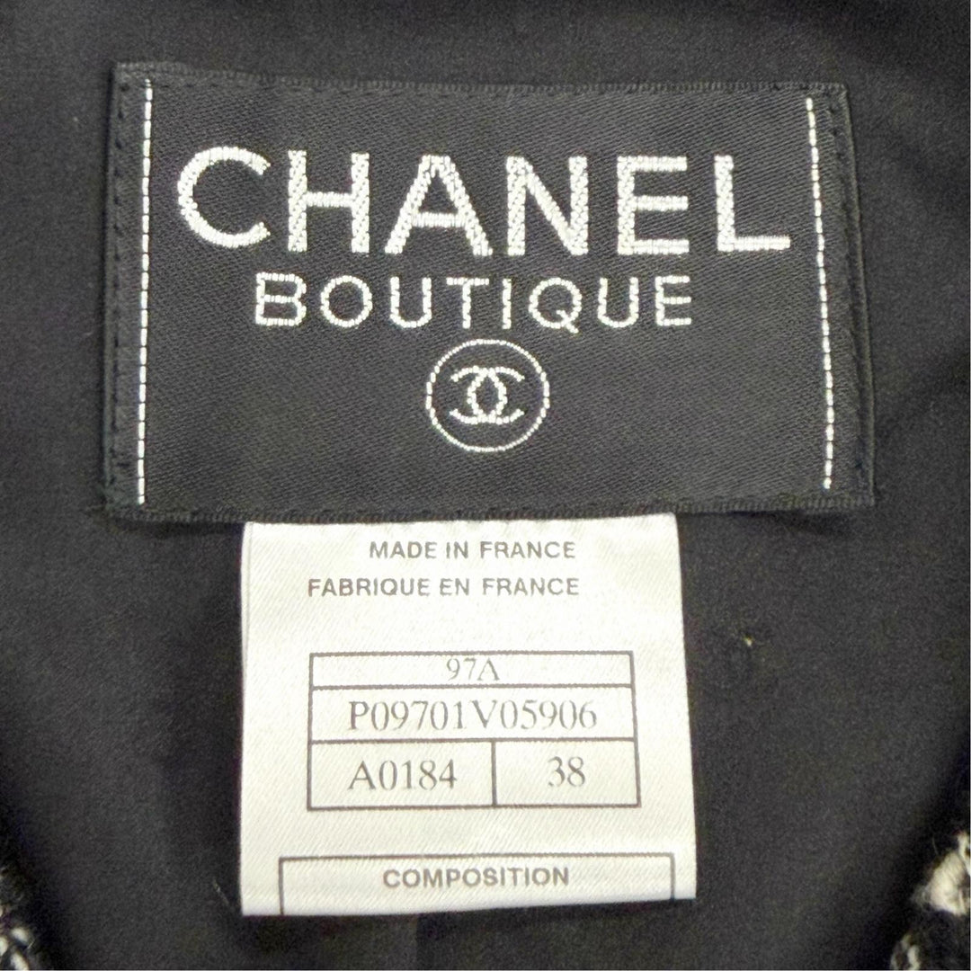 美品△CHANEL シャネル ヴィンテージ 97A P09701 ウール ココボタン ミックスツイード スカートスーツ セットアップ 黒計 FR 38 正規品