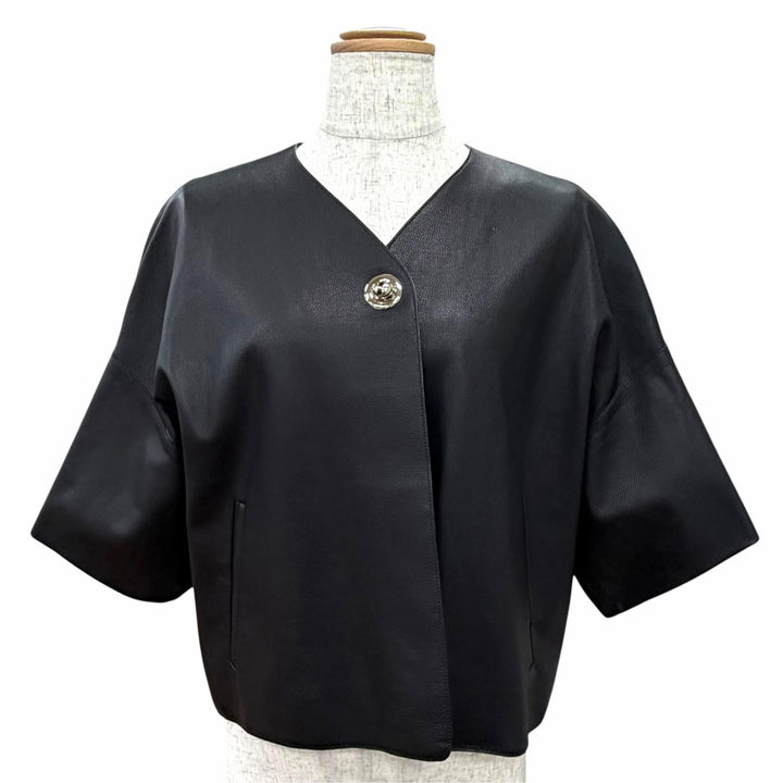 極美品△HERMES エルメス カーフスキン シルバー金具 ノーカラー 半袖 レザージャケット クロップド丈 ブラック FR 40 仏製 レディース